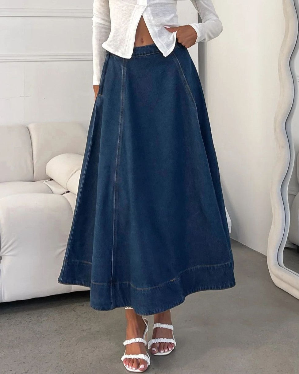 Flared Denim Midi Skirt With High Waist - Dark-Blue - 1