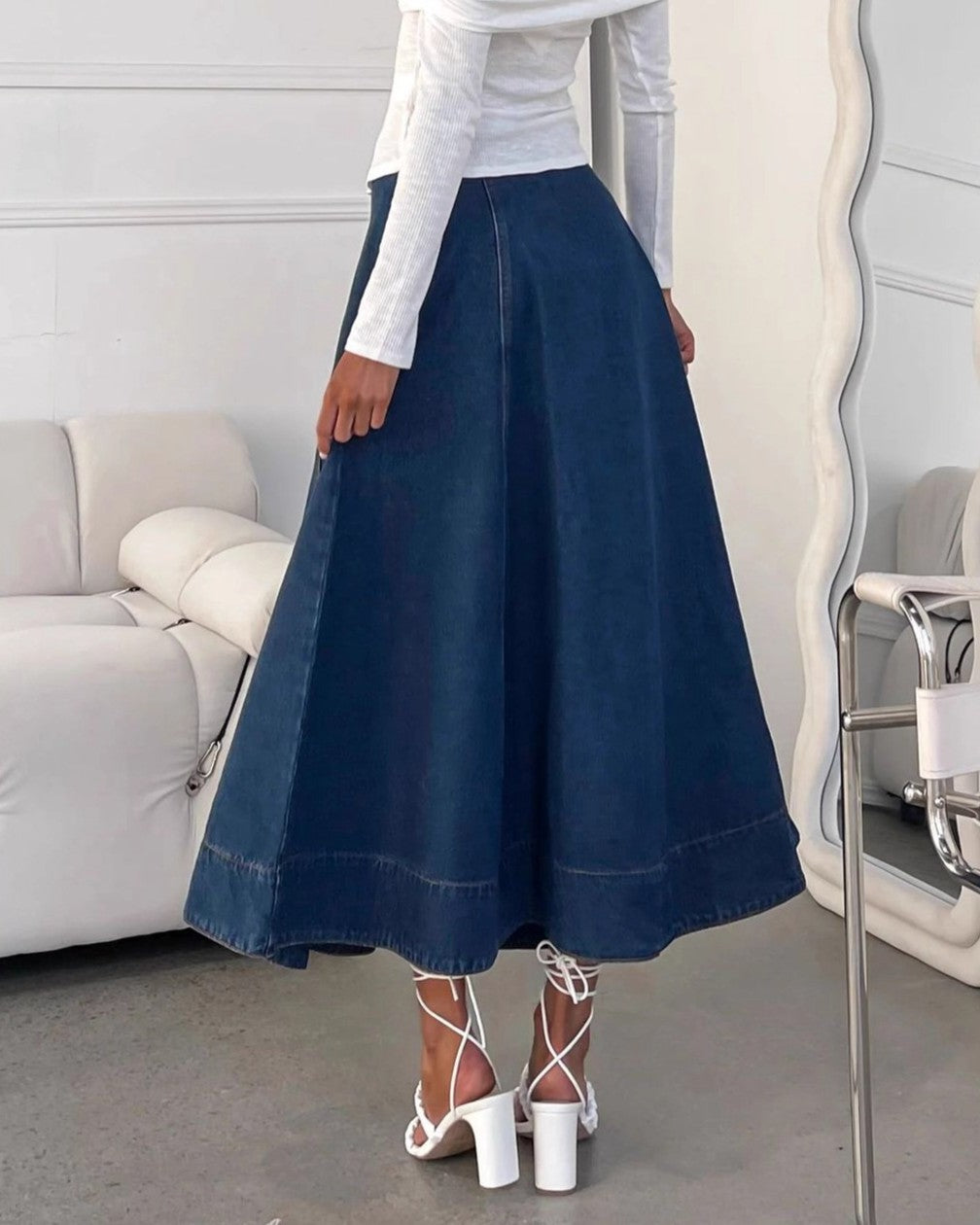 Flared Denim Midi Skirt With High Waist - Dark-Blue - 2