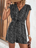 Spot Print Belted Wrap Front Romper - Black