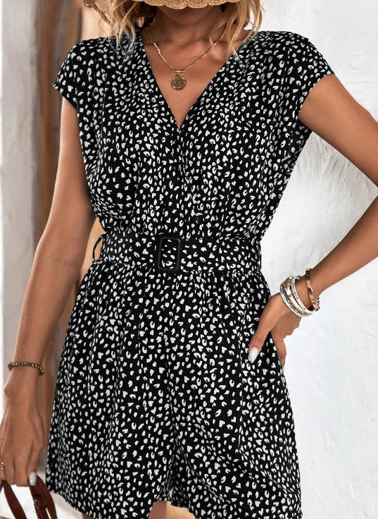 Spot Print Belted Wrap Front Romper - Black - 1