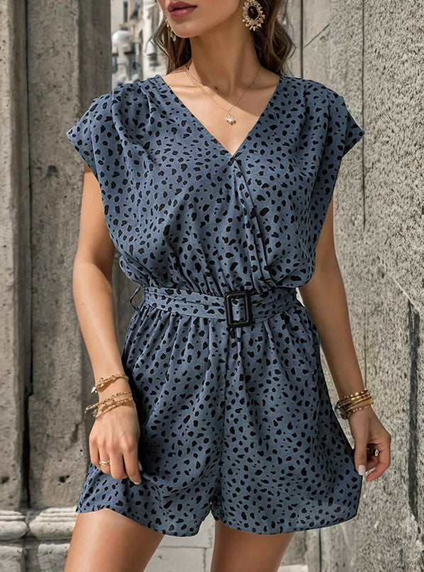 Spot Print Belted Wrap Front Romper - Blue - 3