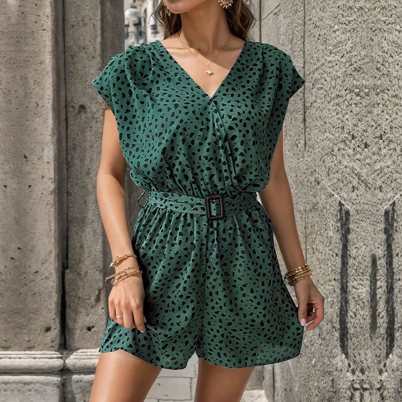 Spot Print Belted Wrap Front Romper - Dark green - 4