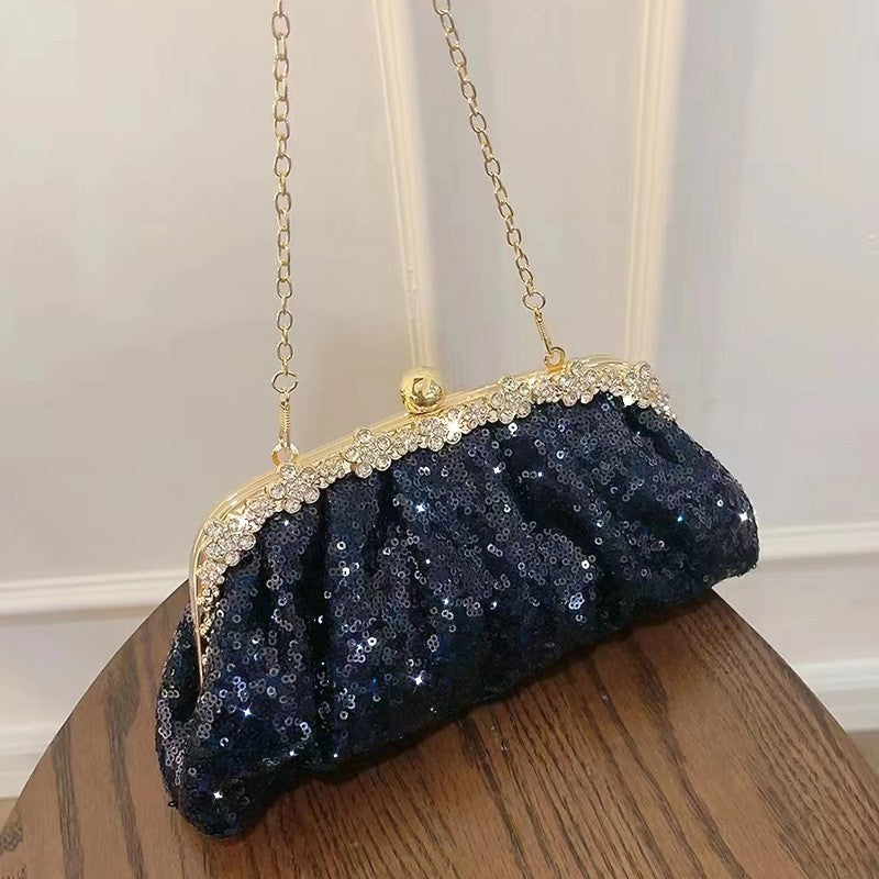Navy Sequin Clutch with Rhinestone Kiss-Lock Frame