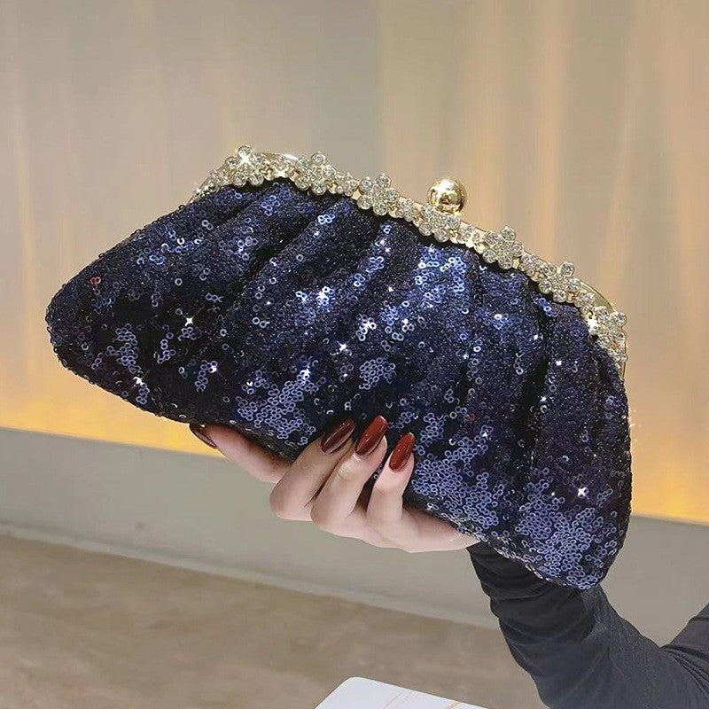 Navy Sequin Clutch with Rhinestone Kiss-Lock Frame