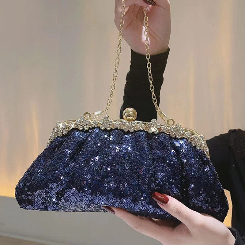 Navy Sequin Clutch with Rhinestone Kiss-Lock Frame