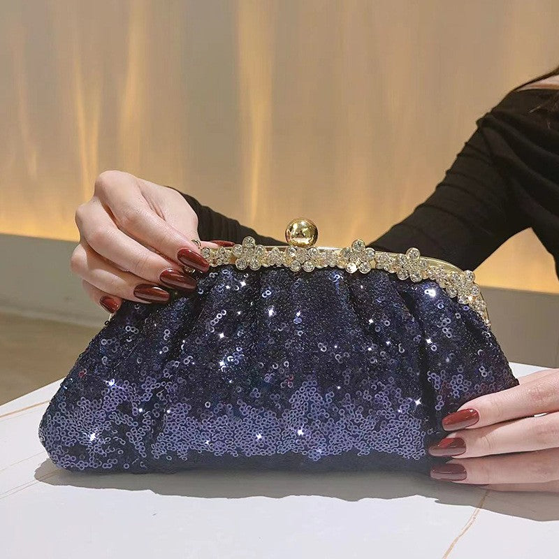 Navy Sequin Clutch with Rhinestone Kiss-Lock Frame
