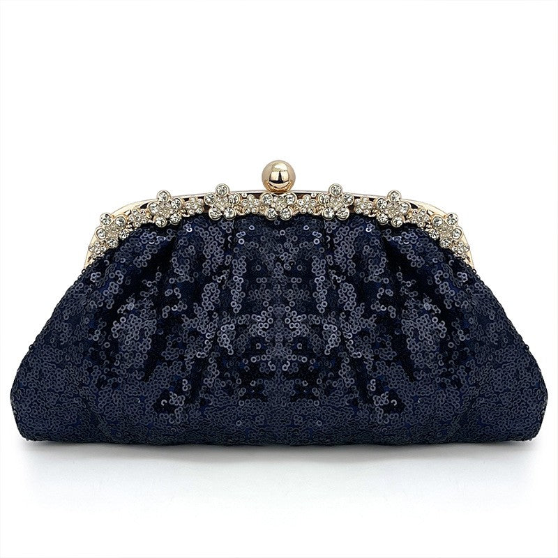 Navy Sequin Clutch with Rhinestone Kiss-Lock Frame