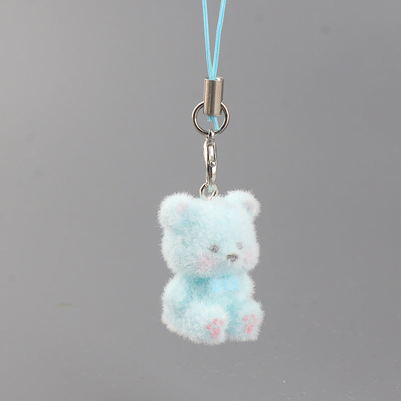 Tiny Flocked Teddy Bear Phone Charm - Blue