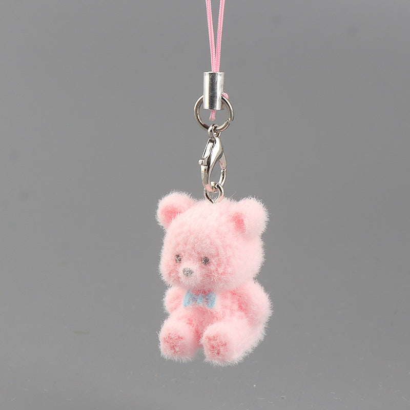 Tiny Flocked Teddy Bear Phone Charm - Pink