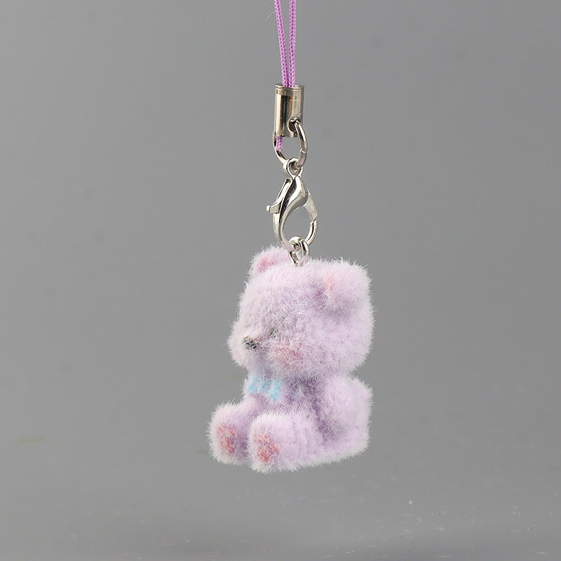 Tiny Flocked Teddy Bear Phone Charm - Purple