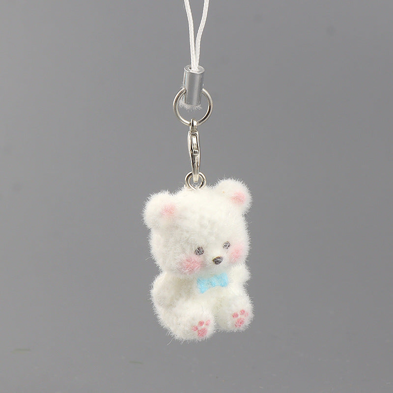 Tiny Flocked Teddy Bear Phone Charm - White