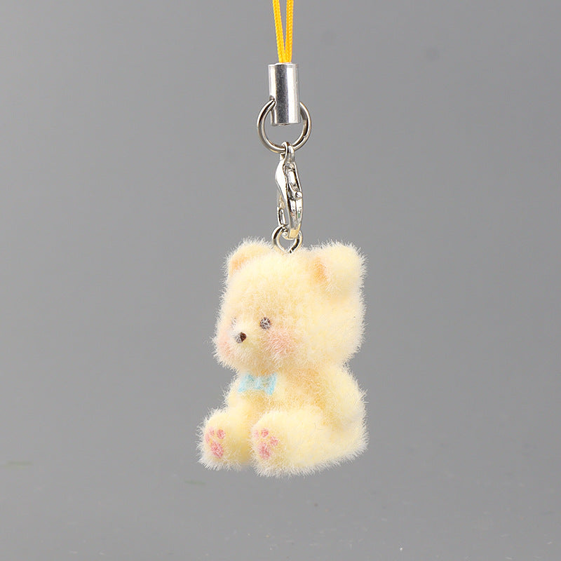 Tiny Flocked Teddy Bear Phone Charm - Yellow