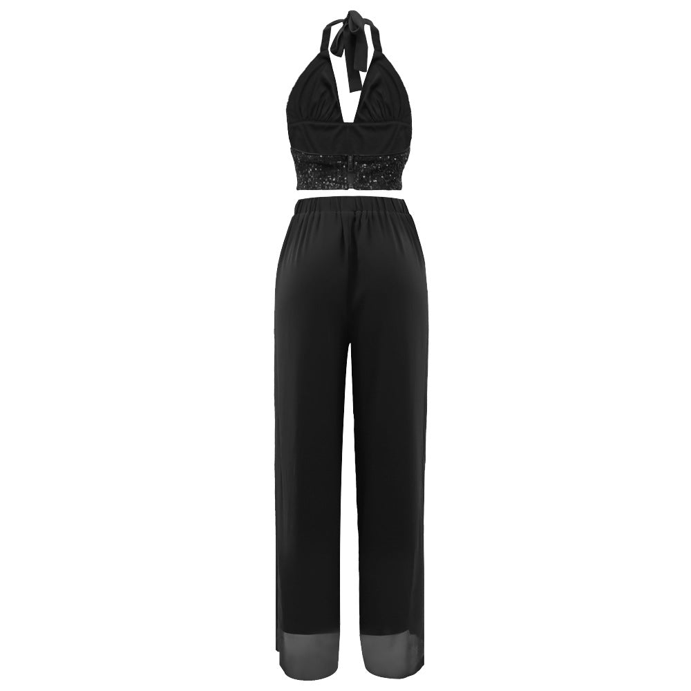 Sequin Bralette and Flowing Wide Leg Trouser Set - Black - 2