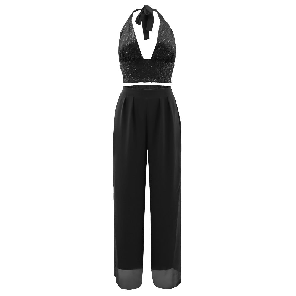 Sequin Bralette and Flowing Wide Leg Trouser Set - Black - 3
