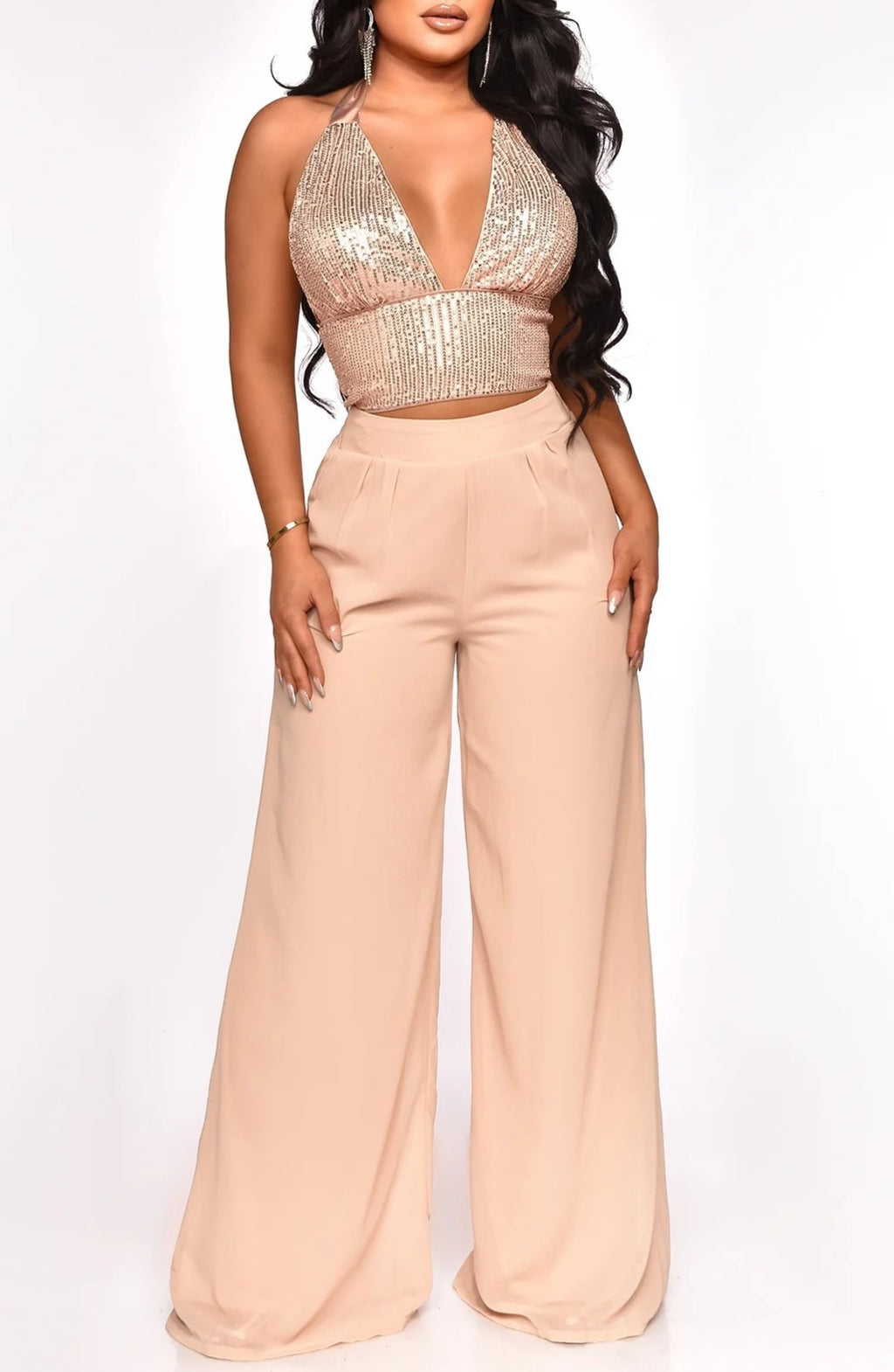 Sequin Bralette and Flowing Wide Leg Trouser Set - Champagne