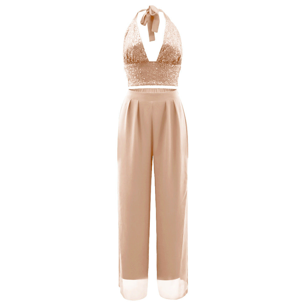 Sequin Bralette and Flowing Wide Leg Trouser Set - Champagne - 2