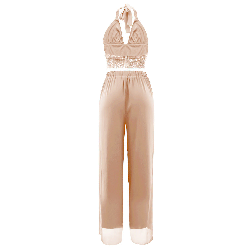Sequin Bralette and Flowing Wide Leg Trouser Set - Champagne - 3