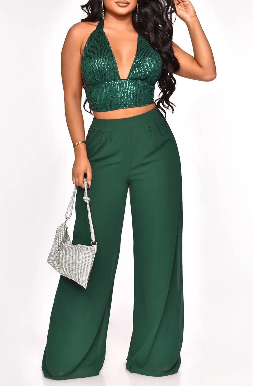 Sequin Bralette and Flowing Wide Leg Trouser Set - Green