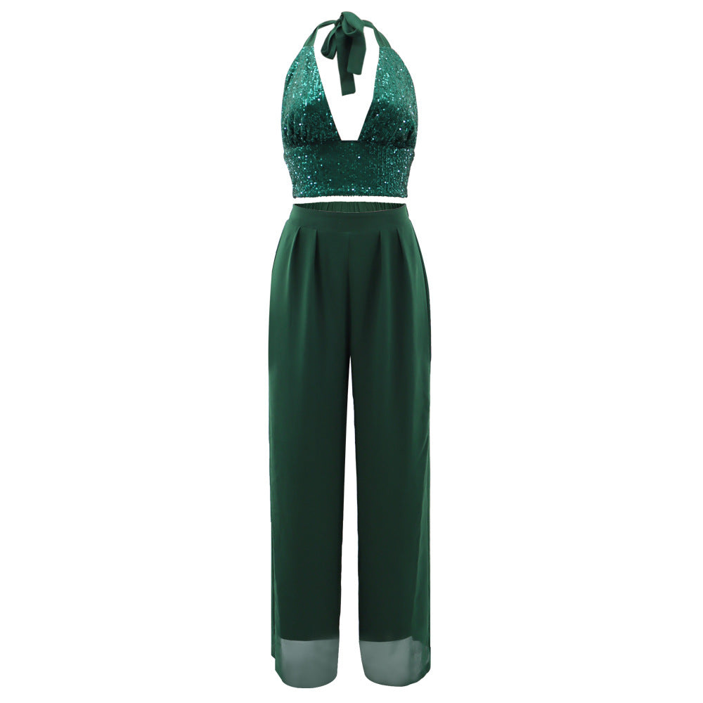 Sequin Bralette and Flowing Wide Leg Trouser Set - Green - 2