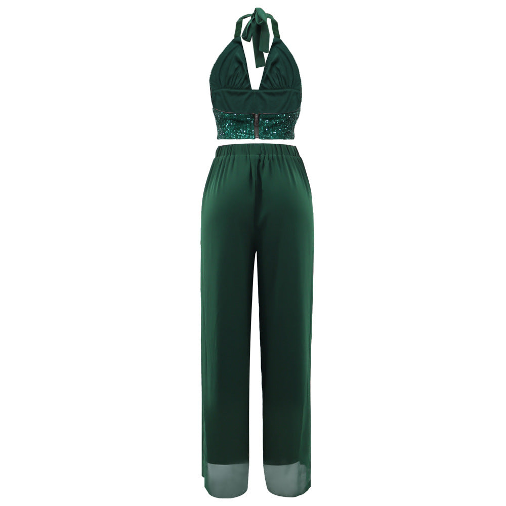 Sequin Bralette and Flowing Wide Leg Trouser Set - Green - 3