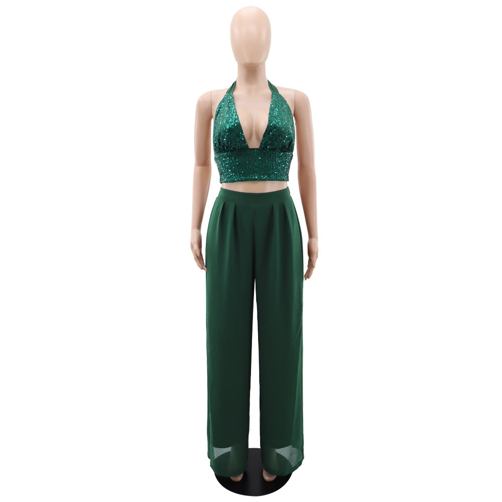 Sequin Bralette and Flowing Wide Leg Trouser Set - Green - 4