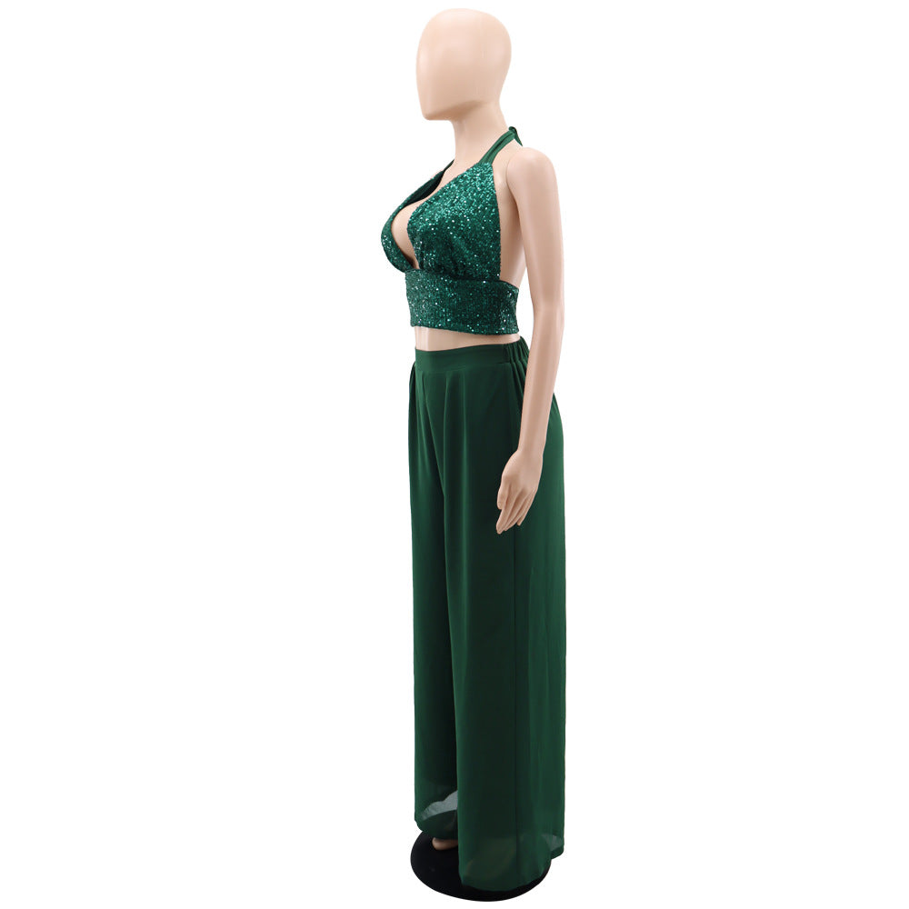 Sequin Bralette and Flowing Wide Leg Trouser Set - Green - 5