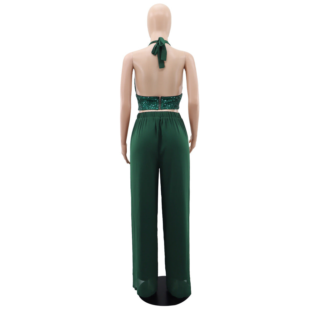 Sequin Bralette and Flowing Wide Leg Trouser Set - Green - 6