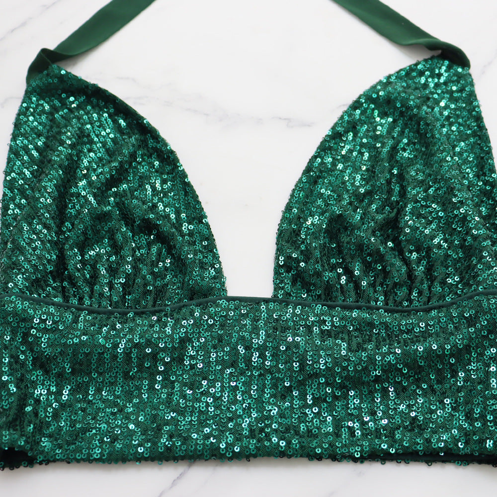 Sequin Bralette and Flowing Wide Leg Trouser Set - Green - 7