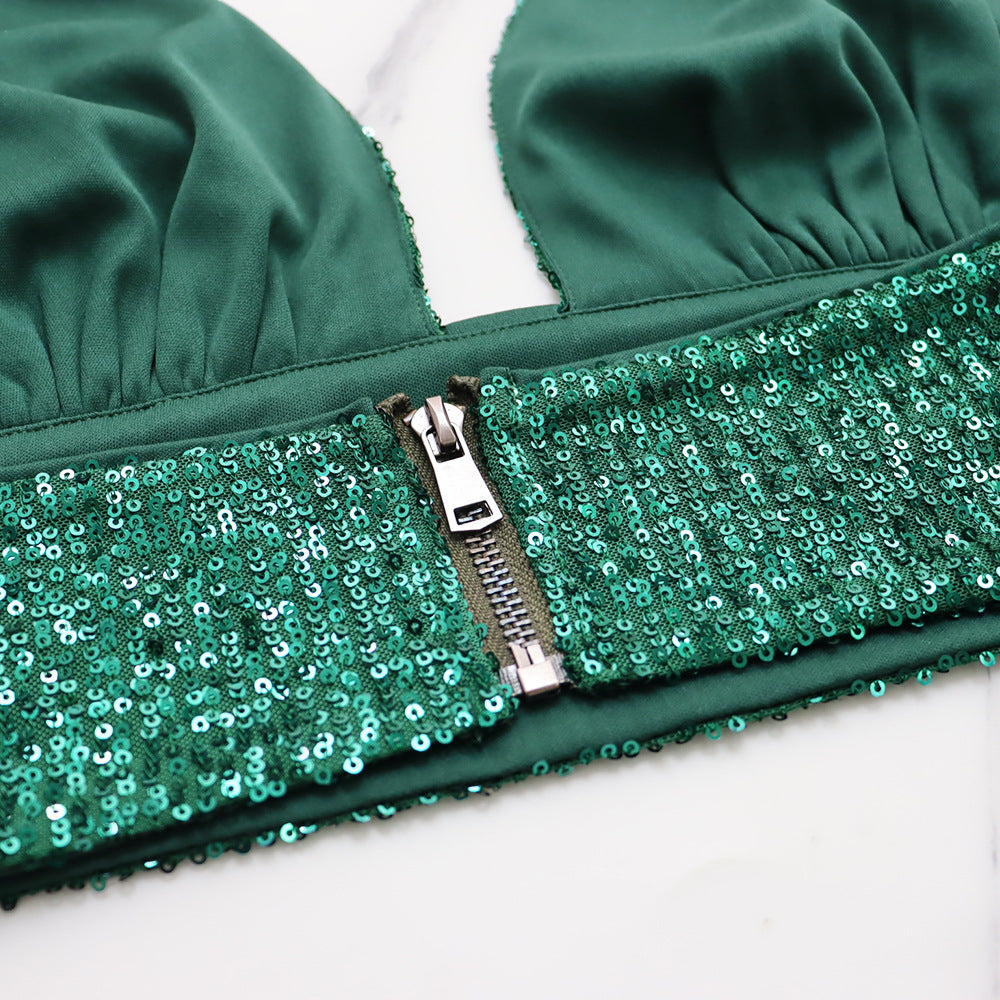 Sequin Bralette and Flowing Wide Leg Trouser Set - Green - 9