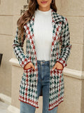 Houndstooth Knit Lapel Collar Midi Coat - Green