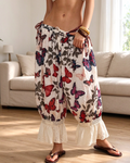 Beige Butterfly Print Lace Flounce Hem Balloon Pants - Beige