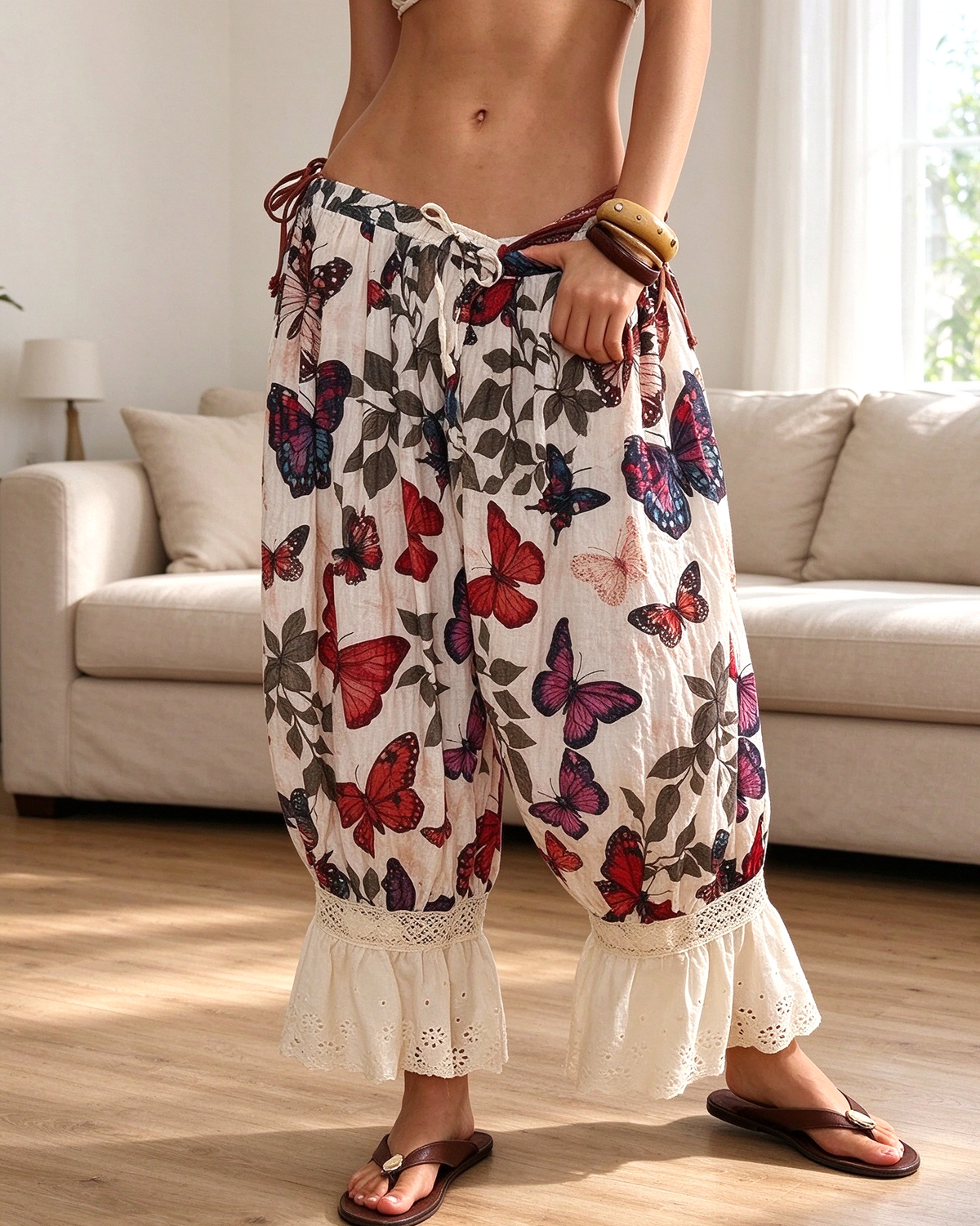 Beige Butterfly Print Lace Flounce Hem Balloon Pants - Beige