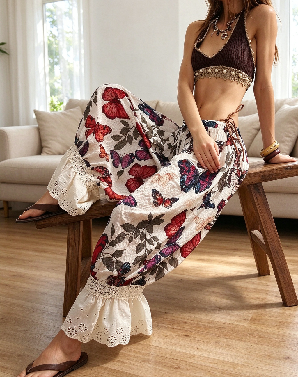 Beige Butterfly Print Lace Flounce Hem Balloon Pants - Beige - 2