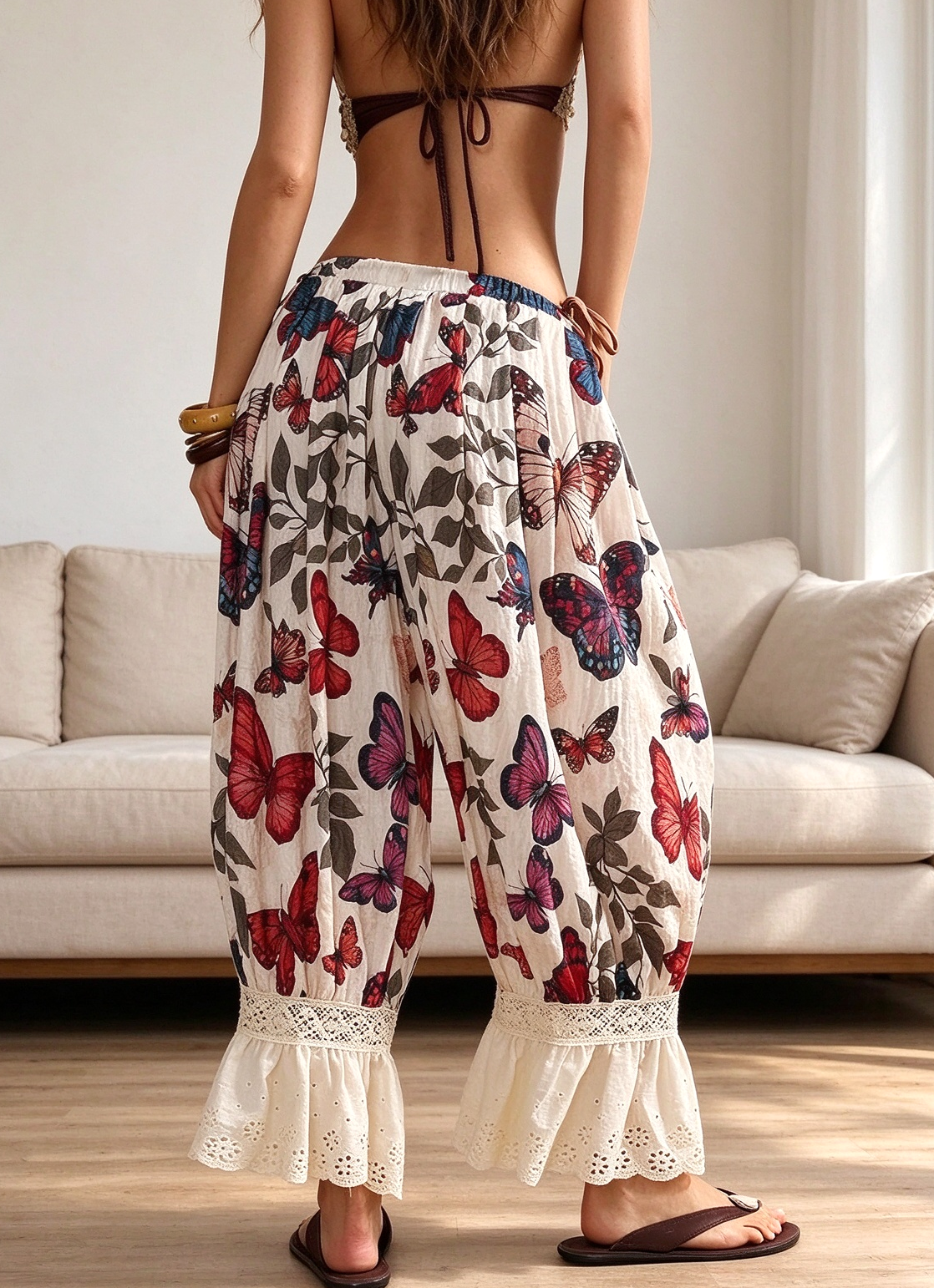 Beige Butterfly Print Lace Flounce Hem Balloon Pants - Beige - 3