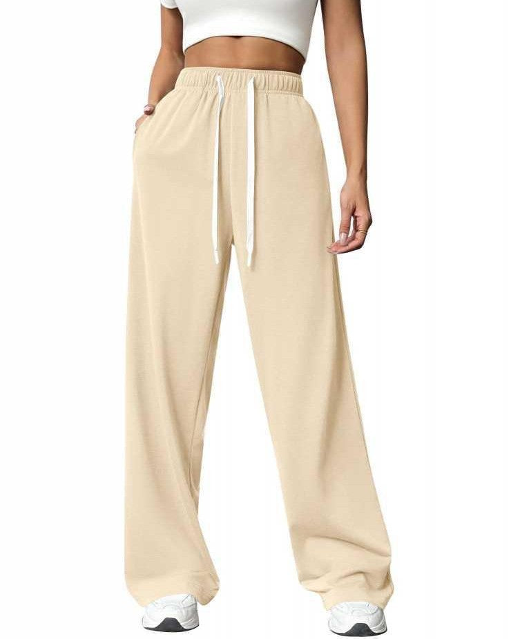 High Waist Wide Leg Drawstring Sweatpants - Apricot