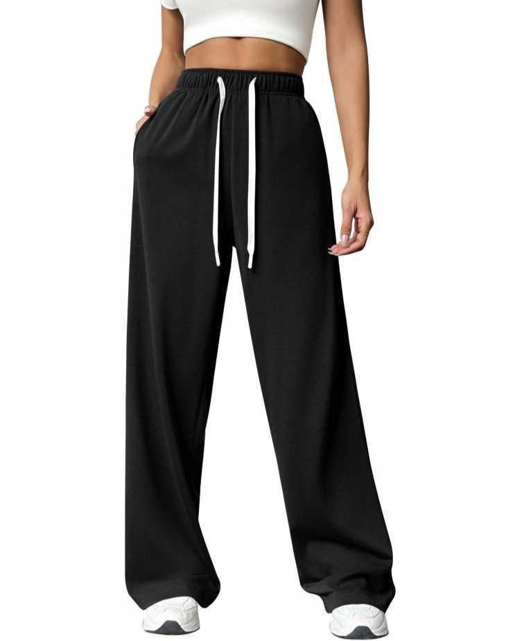 High Waist Wide Leg Drawstring Sweatpants - Black