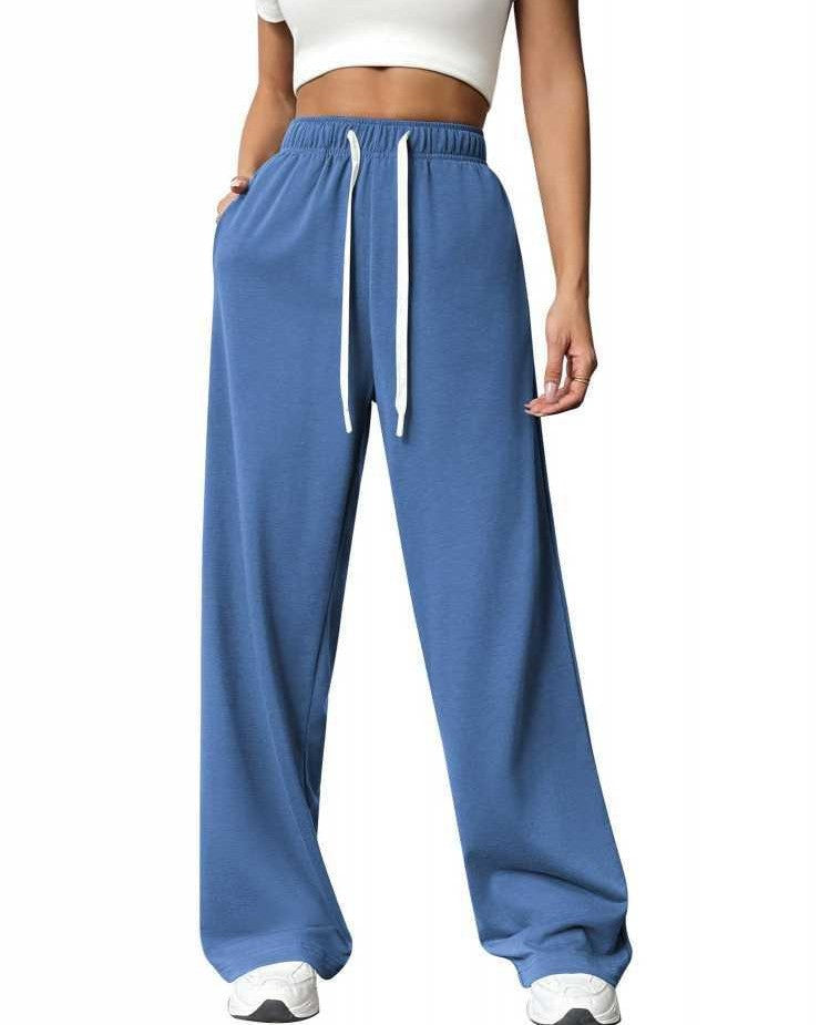High Waist Wide Leg Drawstring Sweatpants - Blue