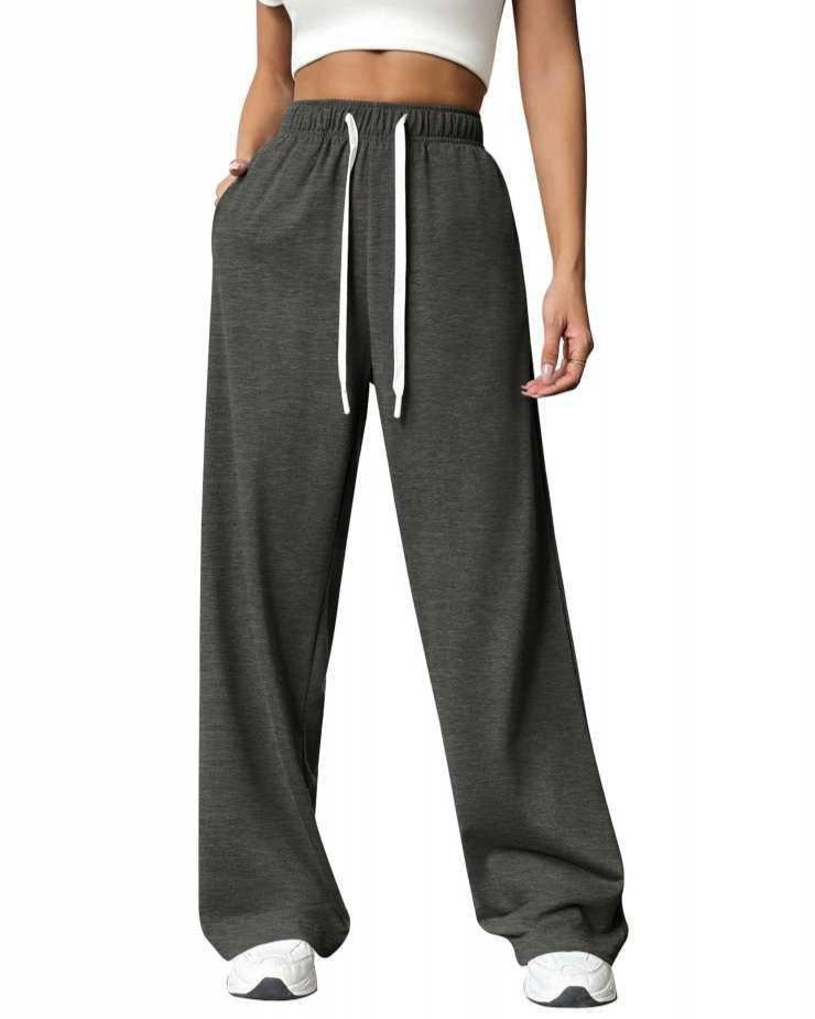 High Waist Wide Leg Drawstring Sweatpants - Dark-Gray