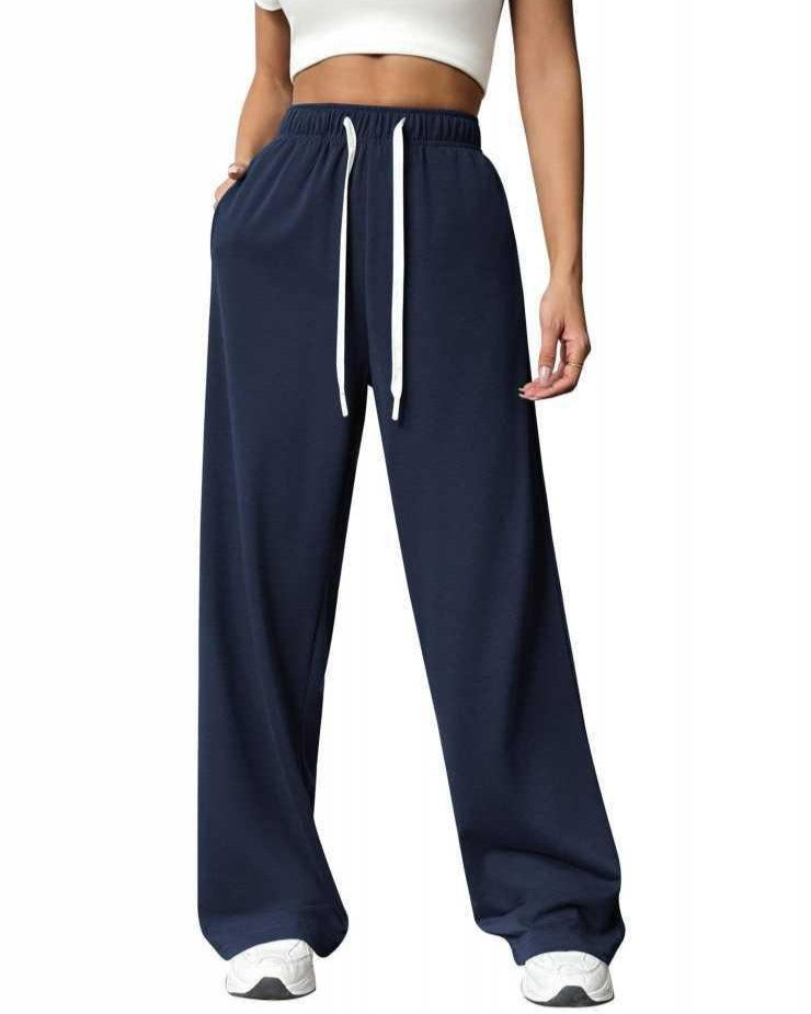 High Waist Wide Leg Drawstring Sweatpants - Navy-Blue