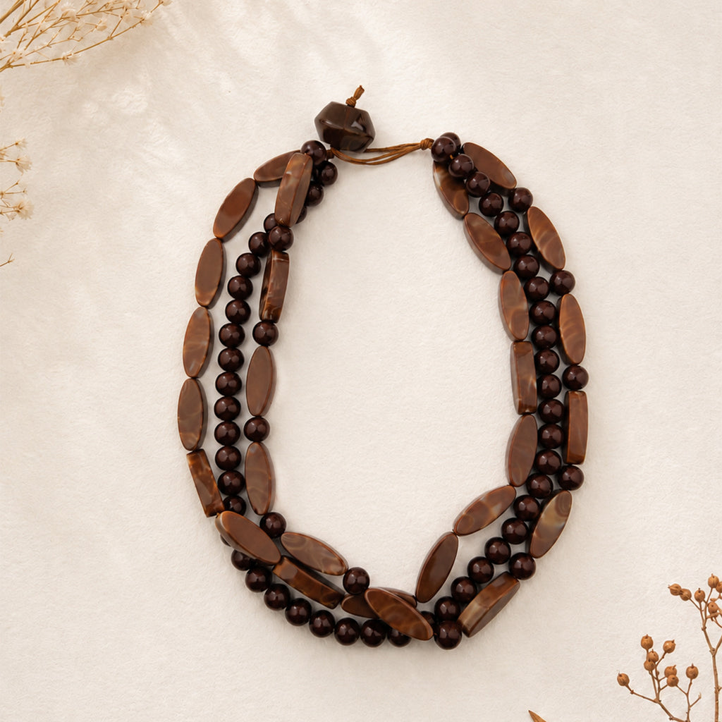 Triple Strand Chunky Bead Necklace Boho Style - Brown