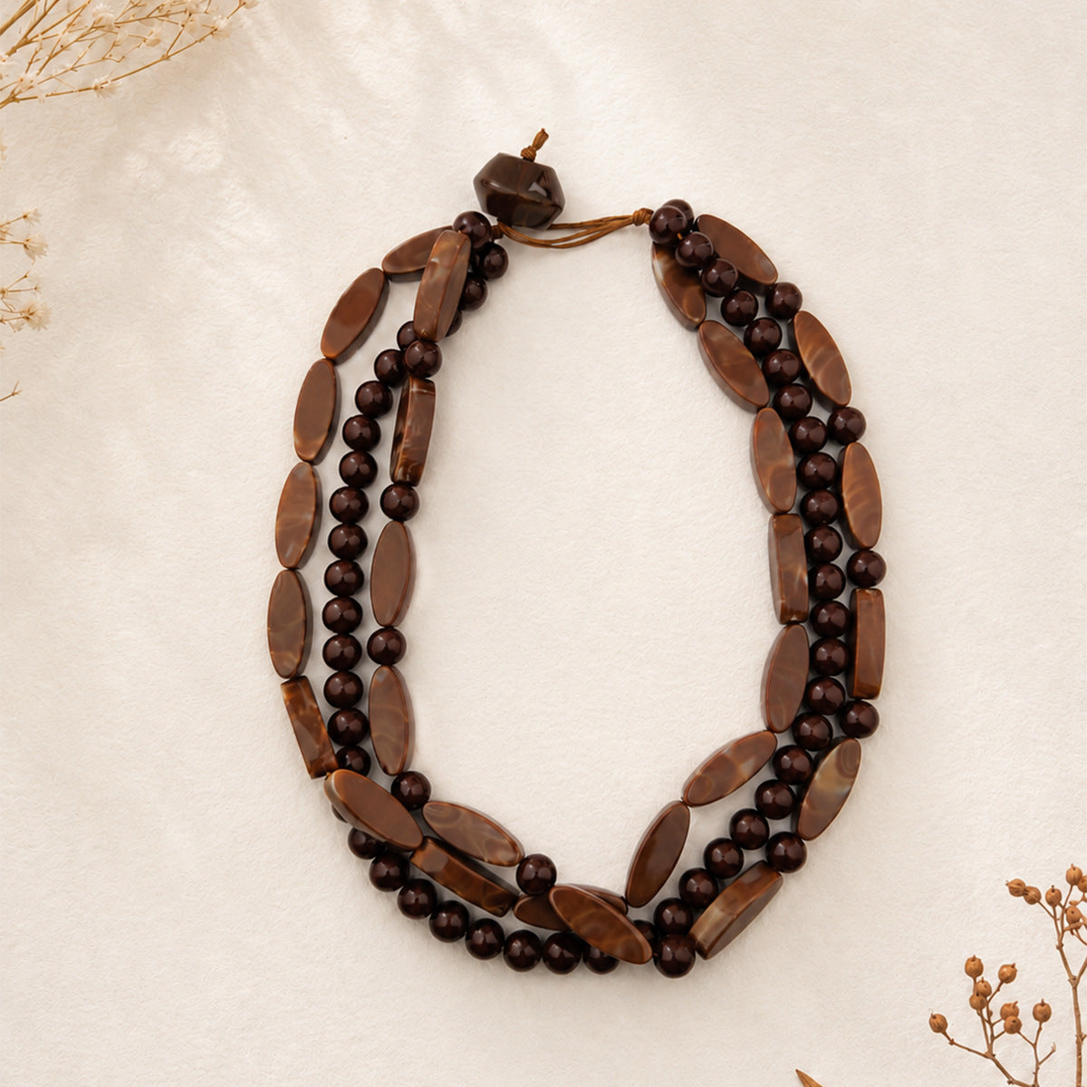 Triple Strand Chunky Bead Necklace Boho Style - Brown