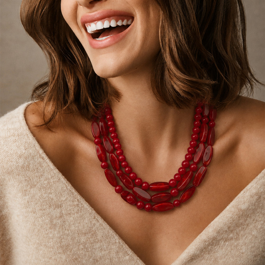 Triple Strand Chunky Bead Necklace Boho Style - Dark_Red