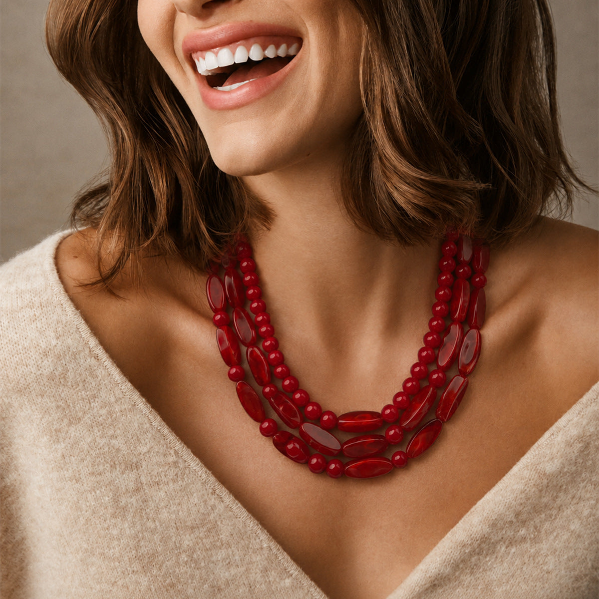 Triple Strand Chunky Bead Necklace Boho Style - Dark_Red