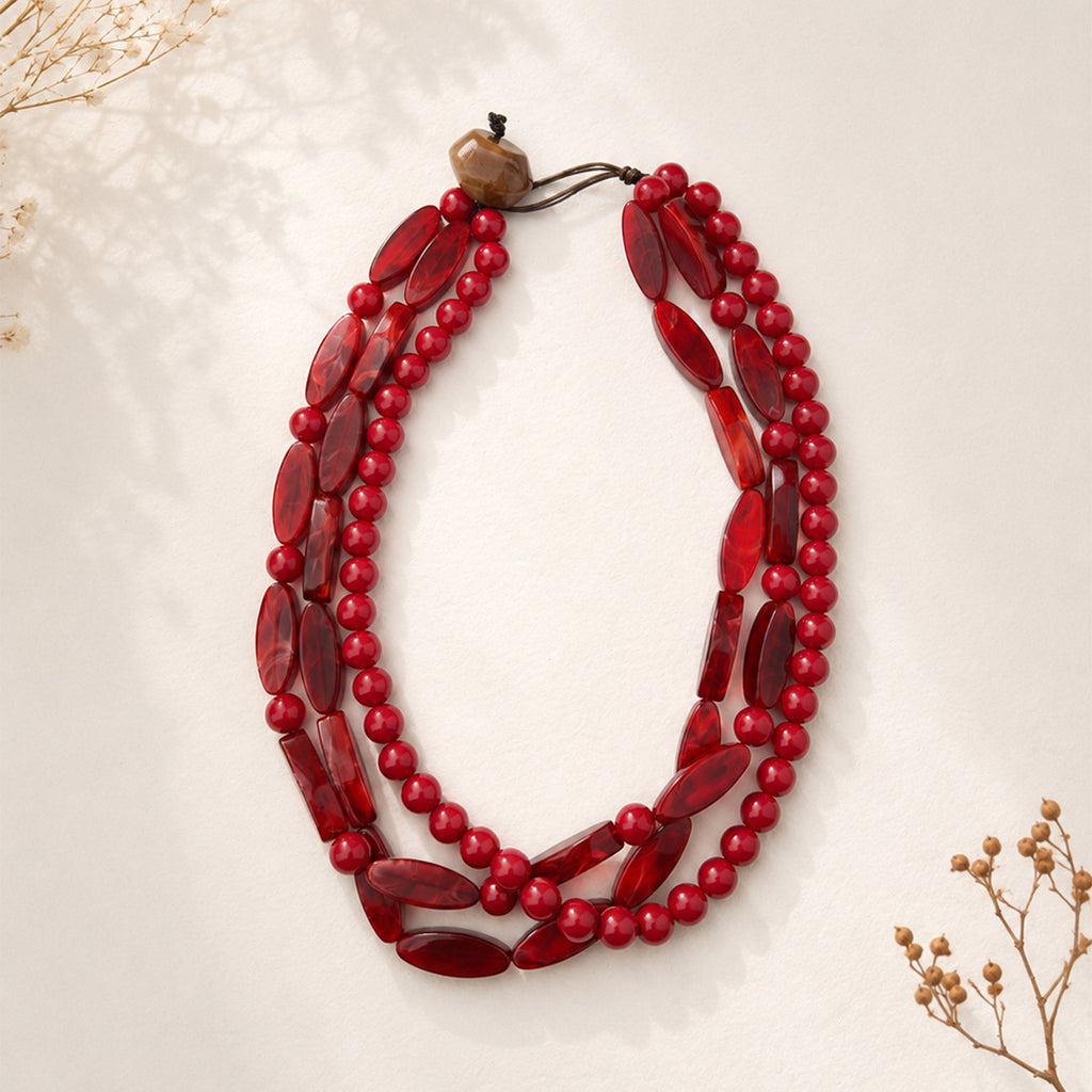 Triple Strand Chunky Bead Necklace Boho Style - Dark_Red - 1