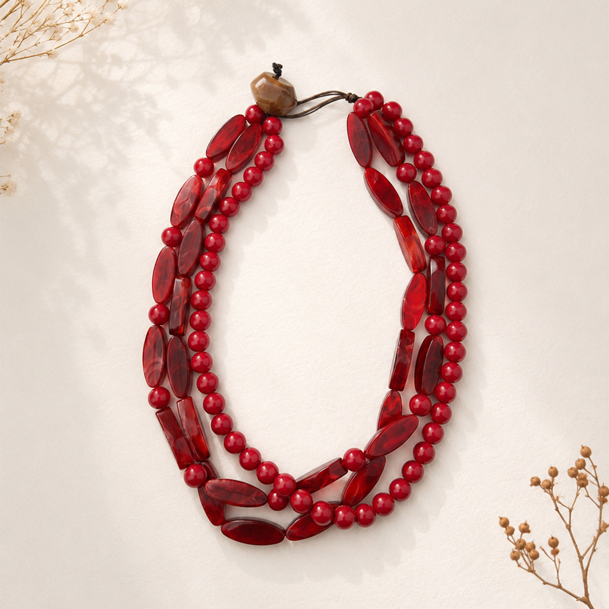Triple Strand Chunky Bead Necklace Boho Style - Dark_Red - 1