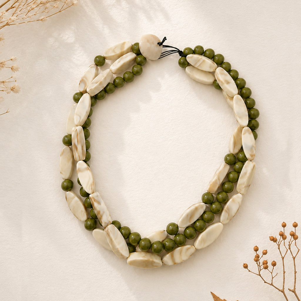 Triple Strand Chunky Bead Necklace Boho Style - Green
