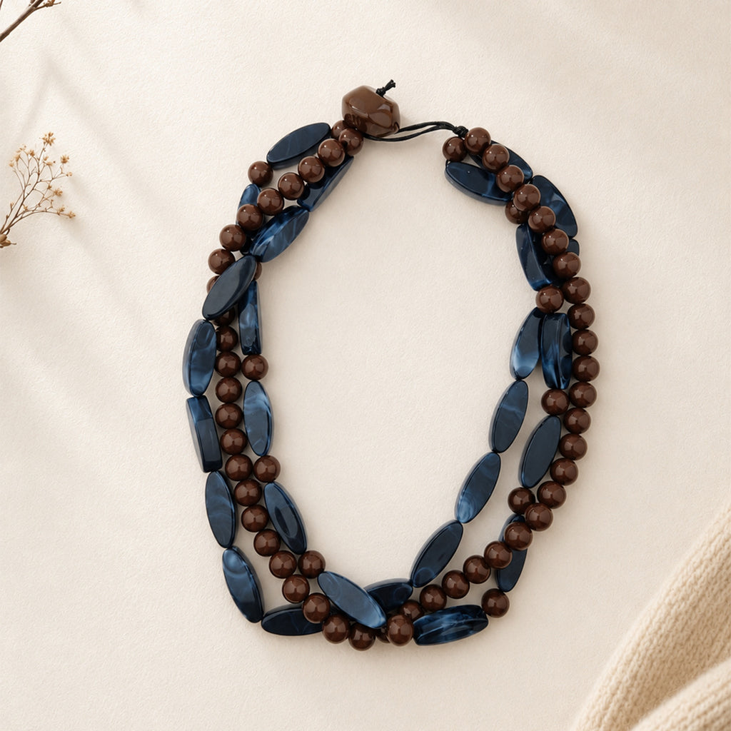 Triple Strand Chunky Bead Necklace Boho Style - Navy
