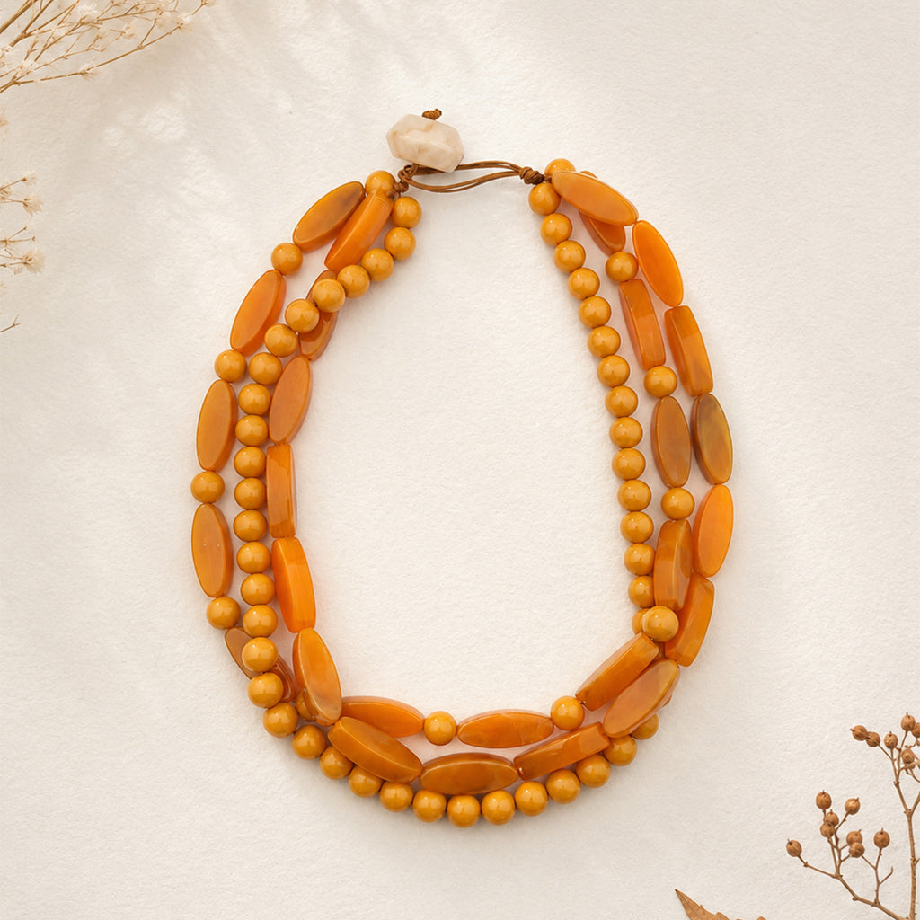 Triple Strand Chunky Bead Necklace Boho Style - Orange