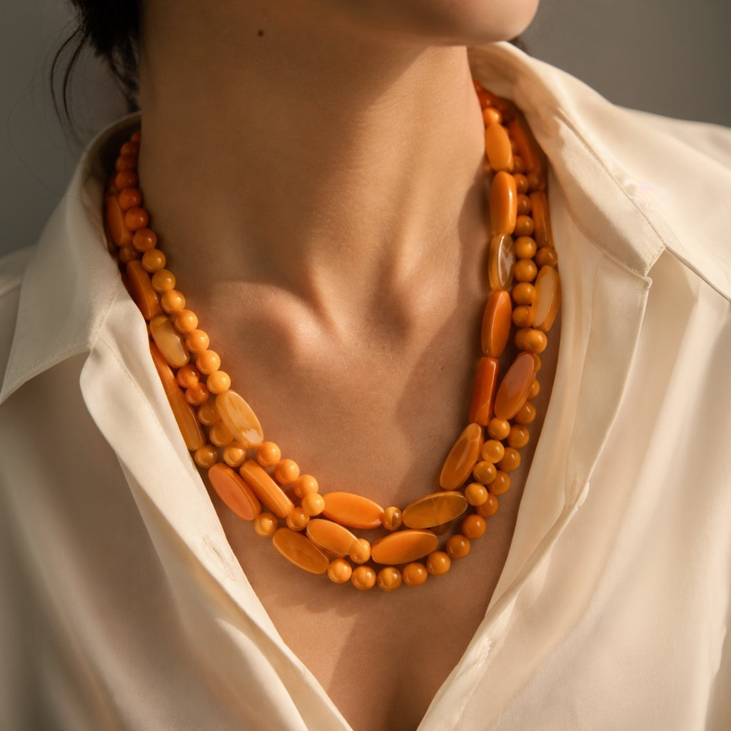 Triple Strand Chunky Bead Necklace Boho Style - Orange - 1