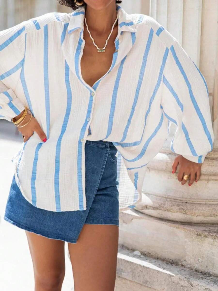 Oversized Striped Button Down Beach Shirt - BWhite